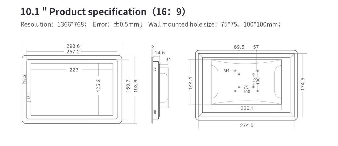 Masse-10-1-22-ANDROID-6-Wandeinbau-Touchpanel Einbaumaße 10.1" ANDROID 6 Wandeinbau Touchpanel