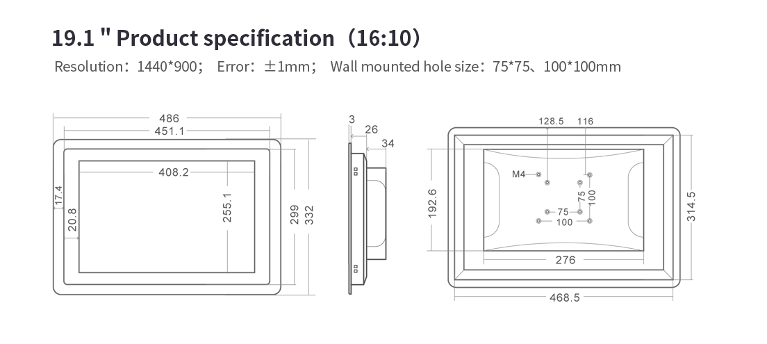 Masse-19-1-22-ANDROID-6-Wandeinbau-Touchpanel Einbaumaße 19,1" WINDOWS Wandeinbau Touchpanel schwarz