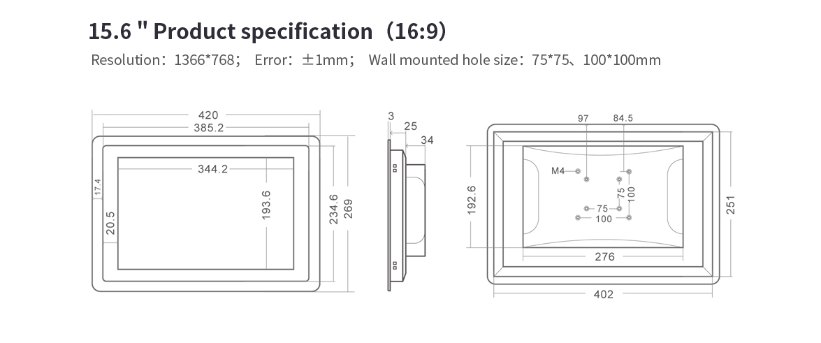 Masse-15-6-22-ANDROID-6-Wandeinbau-Touchpanel Einbaumaße 15,6" ANDROID 6 Wandeinbau Touchpanel